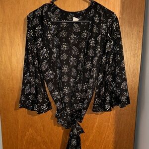 Wild Pearl Black Floral Tie-Front Blouse